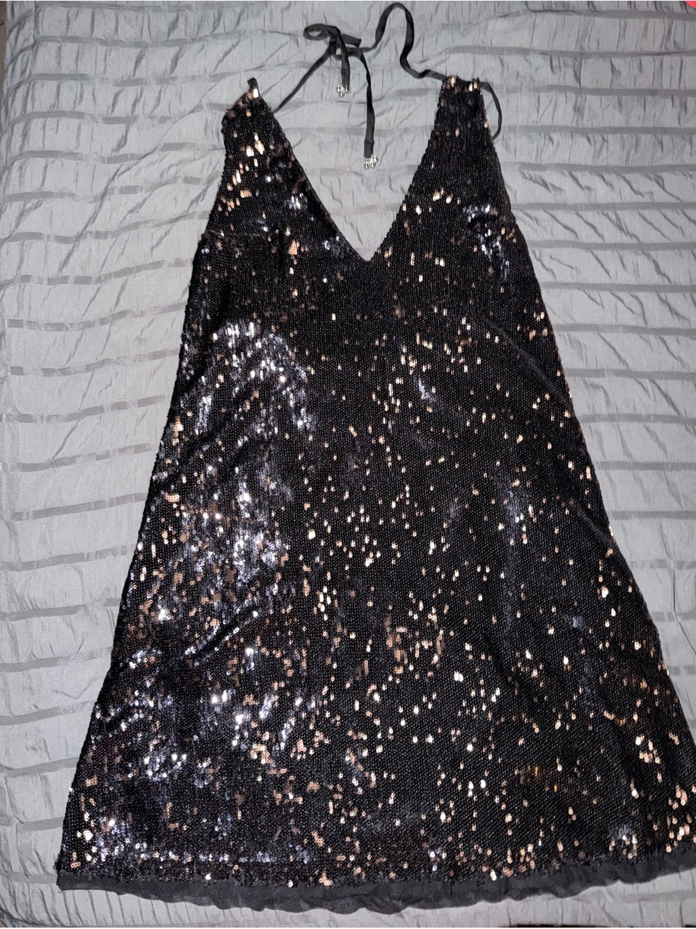 Sequin Halter Mini Dress in Black with Gold Accents